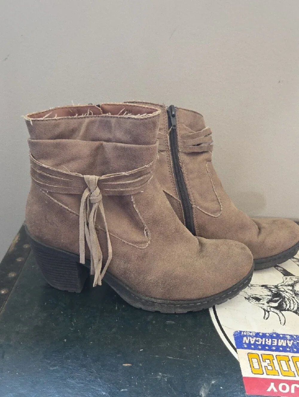 Women's B.O.C. Taupe Suede Ankle Boots with Fringe Tie